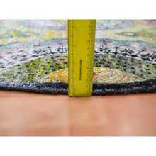 Load image into Gallery viewer, 6&#39;1&quot;x6&#39;1&quot; Golden Yellow With Pink, Hand Knotted, Colorful Mamluk Design, Sari Silk With Textured Wool, Round, Oriental Rug FWR453318