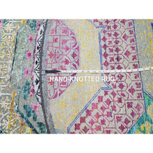 Load image into Gallery viewer, 6&#39;1&quot;x6&#39;1&quot; Golden Yellow with Pink, Hand Knotted, Colorful Mamluk Design, Sari Silk with Textured Wool, Round, Oriental Rug FWR453318