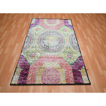 Load image into Gallery viewer, 5&#39;1&quot;x7&#39;4&quot; Hot Pink with Yellow, Colorful Mamluk Design, Sari Silk with Textured Wool, Hand Knotted, Oriental Rug FWR453324