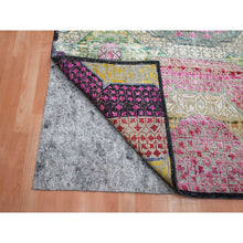 Load image into Gallery viewer, 5&#39;1&quot;x7&#39;4&quot; Hot Pink with Yellow, Colorful Mamluk Design, Sari Silk with Textured Wool, Hand Knotted, Oriental Rug FWR453324
