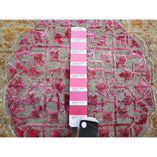 Load image into Gallery viewer, 5&#39;1&quot;x7&#39;4&quot; Hot Pink with Yellow, Colorful Mamluk Design, Sari Silk with Textured Wool, Hand Knotted, Oriental Rug FWR453324