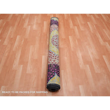 Load image into Gallery viewer, 5&#39;1&quot;x7&#39;4&quot; Hot Pink with Yellow, Colorful Mamluk Design, Sari Silk with Textured Wool, Hand Knotted, Oriental Rug FWR453324