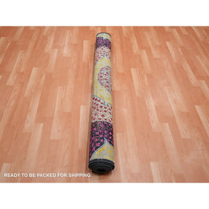 5'1"x7'4" Hot Pink with Yellow, Colorful Mamluk Design, Sari Silk with Textured Wool, Hand Knotted, Oriental Rug FWR453324