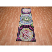 Load image into Gallery viewer, 2&#39;9&quot;x8&#39;1&quot; Crimson Red With Yellow, Sari Silk With Textured Wool, Colorful Mamluk Design, Hand Knotted, Runner, Oriental Rug FWR453330