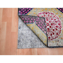 Load image into Gallery viewer, 2&#39;9&quot;x8&#39;1&quot; Crimson Red With Yellow, Sari Silk With Textured Wool, Colorful Mamluk Design, Hand Knotted, Runner, Oriental Rug FWR453330