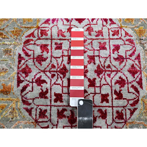 2'9"x8'1" Crimson Red With Yellow, Sari Silk With Textured Wool, Colorful Mamluk Design, Hand Knotted, Runner, Oriental Rug FWR453330