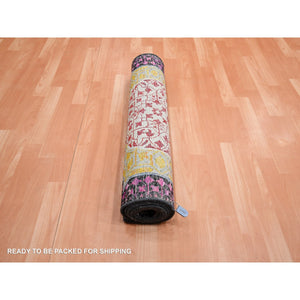 2'9"x8'1" Crimson Red With Yellow, Sari Silk With Textured Wool, Colorful Mamluk Design, Hand Knotted, Runner, Oriental Rug FWR453330
