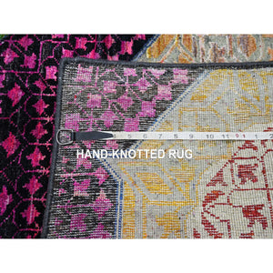 2'9"x8'1" Crimson Red With Yellow, Sari Silk With Textured Wool, Colorful Mamluk Design, Hand Knotted, Runner, Oriental Rug FWR453330