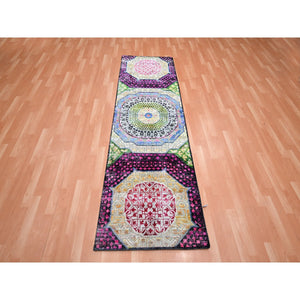 2'8"x8'1" Salsa Red And Yellow, Hand Knotted, Colorful Mamluk Design, Sari Silk With Textured Wool, Runner, Oriental Rug FWR453336