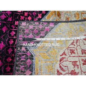 2'8"x8'1" Salsa Red And Yellow, Hand Knotted, Colorful Mamluk Design, Sari Silk With Textured Wool, Runner, Oriental Rug FWR453336