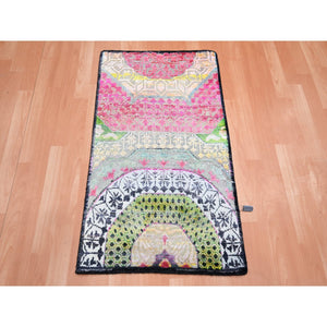2'x3'4" Pastel Yellow with Pink, Mamluk Design, Sari Silk with Textured Wool, Hand Knotted, Mat, Oriental Rug FWR453342
