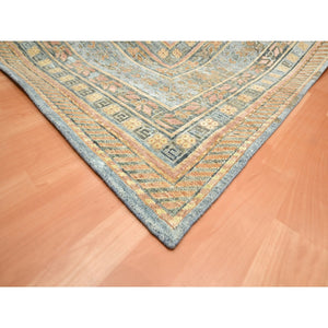 10'x14'2" Stone Blue, Khotan Influence with Distinct Abrash, Shaved Low, Zero Pile, Hand Knotted, Wool and Silk, Oriental Rug FWR453390