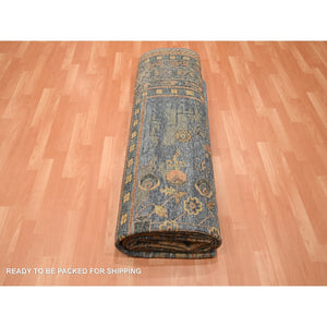 10'x14'2" Stone Blue, Khotan Influence with Distinct Abrash, Shaved Low, Zero Pile, Hand Knotted, Wool and Silk, Oriental Rug FWR453390