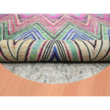 Load image into Gallery viewer, 11&#39;9&quot;x11&#39;9&quot; Fuscia Pink, Colorful Chevron Design, Hand Knotted, Sari Silk with Textured Wool, Round, Oriental Rug FWR453402