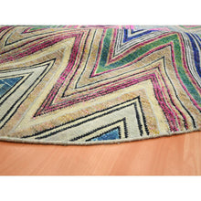Load image into Gallery viewer, 11&#39;9&quot;x11&#39;9&quot; Fuscia Pink, Colorful Chevron Design, Hand Knotted, Sari Silk With Textured Wool, Round, Oriental Rug FWR453402