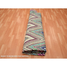 Load image into Gallery viewer, 11&#39;9&quot;x11&#39;9&quot; Fuscia Pink, Colorful Chevron Design, Hand Knotted, Sari Silk With Textured Wool, Round, Oriental Rug FWR453402