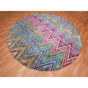 9'10"x9'10" Hot Pink, Colorful Chevron Design, Hand Knotted, Sari Silk with Textured Wool, Round, Oriental Rug FWR453408