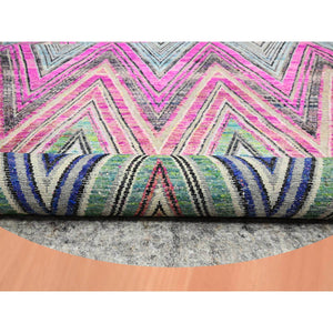 9'10"x9'10" Hot Pink, Colorful Chevron Design, Hand Knotted, Sari Silk with Textured Wool, Round, Oriental Rug FWR453408