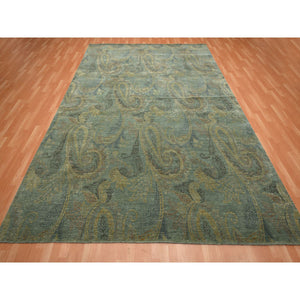 9'x11'8" Hedge Green with Gold, Paisley Design, Wool & Silk, Soft to the Touch, Hand Knotted, Oriental Rug FWR453414