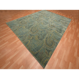 9'x11'8" Hedge Green with Gold, Paisley Design, Wool & Silk, Soft to the Touch, Hand Knotted, Oriental Rug FWR453414