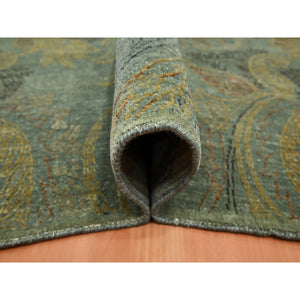 9'x11'8" Hedge Green with Gold, Paisley Design, Wool & Silk, Soft to the Touch, Hand Knotted, Oriental Rug FWR453414