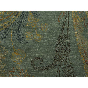 9'x11'8" Hedge Green with Gold, Paisley Design, Wool & Silk, Soft to the Touch, Hand Knotted, Oriental Rug FWR453414