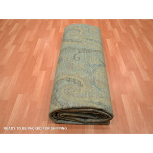 9'x11'8" Hedge Green with Gold, Paisley Design, Wool & Silk, Soft to the Touch, Hand Knotted, Oriental Rug FWR453414