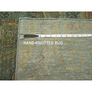 9'x11'8" Hedge Green with Gold, Paisley Design, Wool & Silk, Soft to the Touch, Hand Knotted, Oriental Rug FWR453414