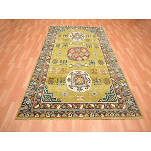 6'1"x9'4" Greenish Yellow, Khotan Influence, Shaved Low, Distressed, Zero Pile, Hand Knotted, 100% Wool, Oriental Rug FWR453432