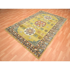 6'1"x9'4" Greenish Yellow, Khotan Influence, Shaved Low, Distressed, Zero Pile, Hand Knotted, 100% Wool, Oriental Rug FWR453432