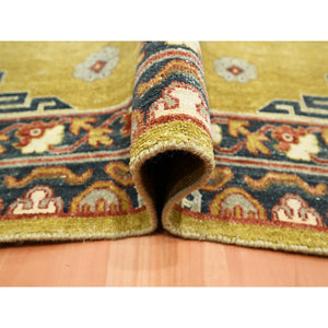 6'1"x9'4" Greenish Yellow, Khotan Influence, Shaved Low, Distressed, Zero Pile, Hand Knotted, 100% Wool, Oriental Rug FWR453432
