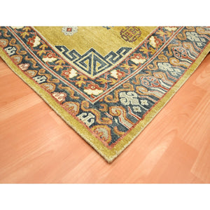 6'1"x9'4" Greenish Yellow, Khotan Influence, Shaved Low, Distressed, Zero Pile, Hand Knotted, 100% Wool, Oriental Rug FWR453432