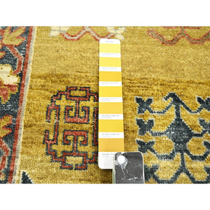 6'1"x9'4" Greenish Yellow, Khotan Influence, Shaved Low, Distressed, Zero Pile, Hand Knotted, 100% Wool, Oriental Rug FWR453432