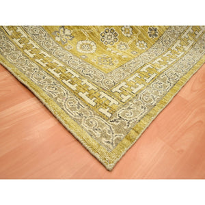 6'2"x9'3" Goldie Green, Samarkand Influence with Distinct Abrash, Zero Pile, Shaved Low, Hand Knotted, 100% Wool, Oriental Rug FWR453438