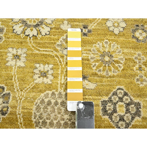 6'2"x9'3" Goldie Green, Samarkand Influence with Distinct Abrash, Zero Pile, Shaved Low, Hand Knotted, 100% Wool, Oriental Rug FWR453438