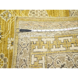 6'2"x9'3" Goldie Green, Samarkand Influence With Distinct Abrash, Zero Pile, Shaved Low, Hand Knotted, 100% Wool, Oriental Rug FWR453438