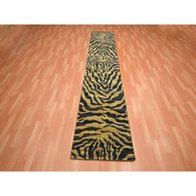 Load image into Gallery viewer, 2&#39;6&quot;x12&#39; Jade Black wih Gold, Tiger Skin Design, 100% Textured Wool, Hand Knotted, Runner, Oriental Rug FWR453444