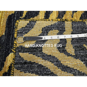 2'6"x12' Jade Black wih Gold, Tiger Skin Design, 100% Textured Wool, Hand Knotted, Runner, Oriental Rug FWR453444
