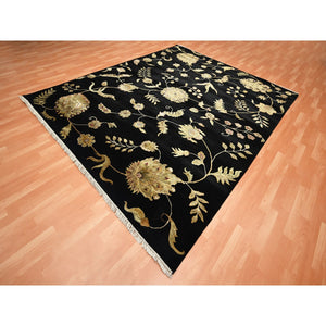8'2'x10' Onyx Black, Borderless Botanical Design, Half Wool and Half Silk, Densely Woven, Soft Pile, Hand Knotted, Oriental Rug FWR453480