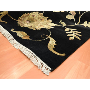 8'2'x10' Onyx Black, Borderless Botanical Design, Half Wool and Half Silk, Densely Woven, Soft Pile, Hand Knotted, Oriental Rug FWR453480