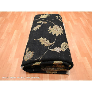 8'2'x10' Onyx Black, Borderless Botanical Design, Half Wool And Half Silk, Densely Woven, Soft Pile, Hand Knotted, Oriental Rug FWR453480