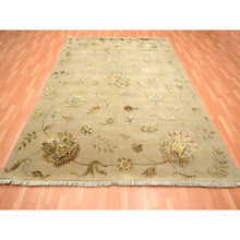 Load image into Gallery viewer, 8&#39;x10&#39; Ecru Brown, Half Wool And Half Silk, Borderless Botanical Design, Densely Woven, Soft Pile, Hand Knotted, Oriental Rug FWR453486