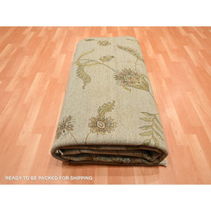 8'x10' Ecru Brown, Half Wool And Half Silk, Borderless Botanical Design, Densely Woven, Soft Pile, Hand Knotted, Oriental Rug FWR453486