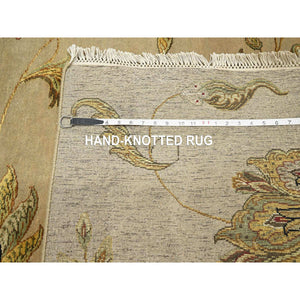 8'x10' Ecru Brown, Half Wool And Half Silk, Borderless Botanical Design, Densely Woven, Soft Pile, Hand Knotted, Oriental Rug FWR453486