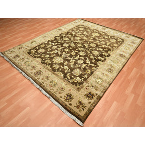 7'10"x10' Coffee Brown, Rajasthan with All Over Leaf Design, Hand Knotted, Wool and Silk, Soft Pile, Thick and Plush, Oriental Rug FWR453492