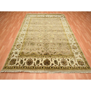 7'8"x9'10" Tortilla Brown, Rajasthan With All Over Leaf Design, Hand Knotted, Wool And Silk, Soft Pile, Thick And Plush, Oriental Rug FWR453516