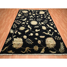 Load image into Gallery viewer, 8&#39;x10&#39; Ink Black, Hand Knotted, Borderless Botanical Design, Half Wool And Half Silk, Densely Woven, Soft Pile, Oriental Rug FWR453522