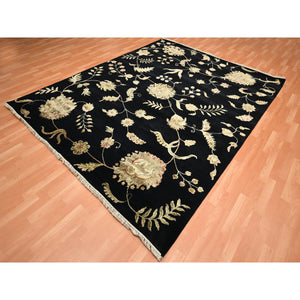 8'x10' Ink Black, Hand Knotted, Borderless Botanical Design, Half Wool And Half Silk, Densely Woven, Soft Pile, Oriental Rug FWR453522