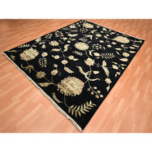 Load image into Gallery viewer, 8&#39;x10&#39; Ink Black, Hand Knotted, Borderless Botanical Design, Half Wool And Half Silk, Densely Woven, Soft Pile, Oriental Rug FWR453522