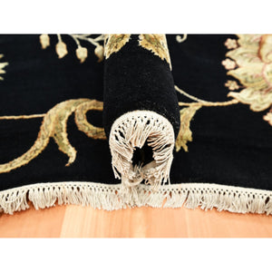 8'x10' Ink Black, Hand Knotted, Borderless Botanical Design, Half Wool and Half Silk, Densely Woven, Soft Pile, Oriental Rug FWR453522